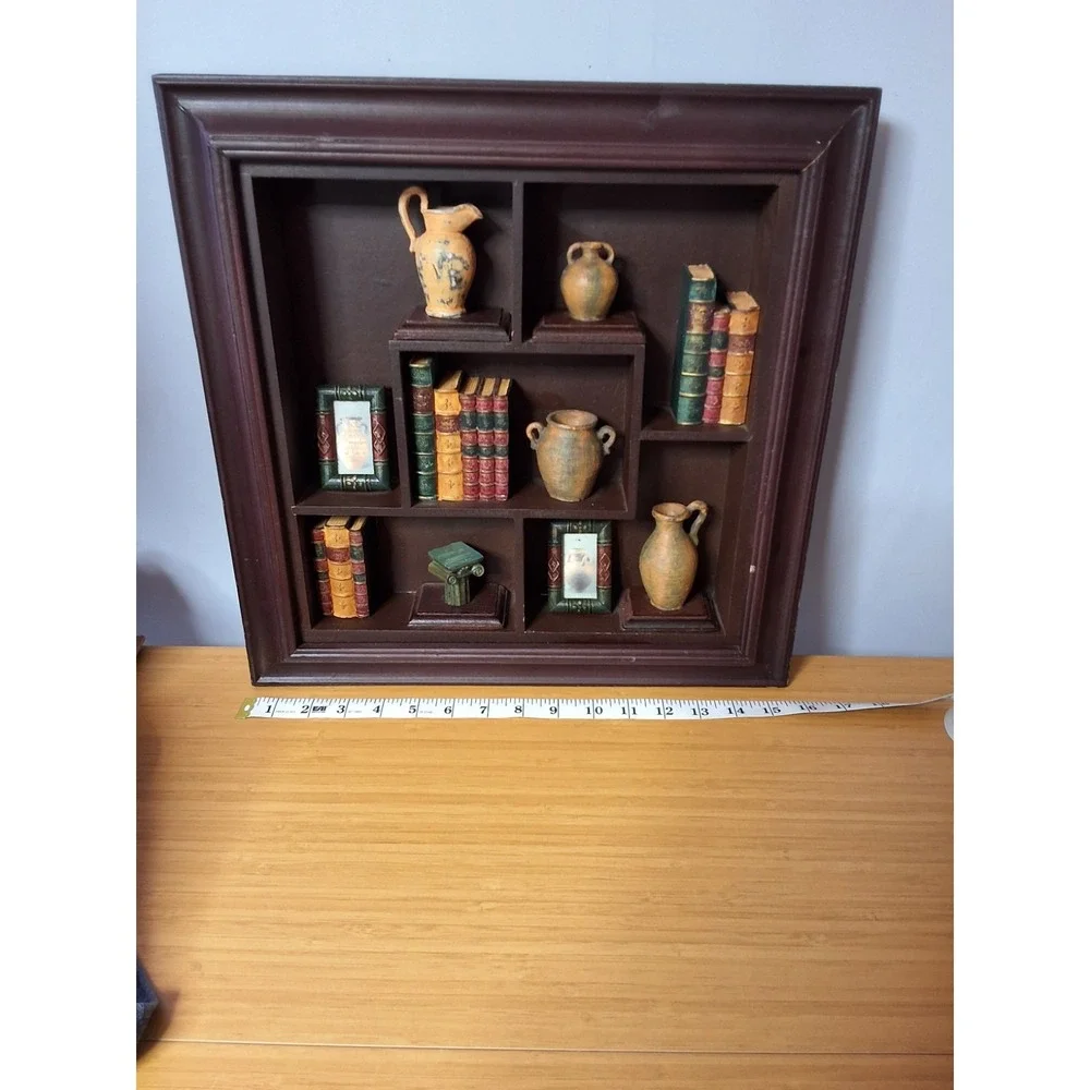 Vintage Wooden Open-Face Shadow Box Containing Books, Picture Frames And Jugs.